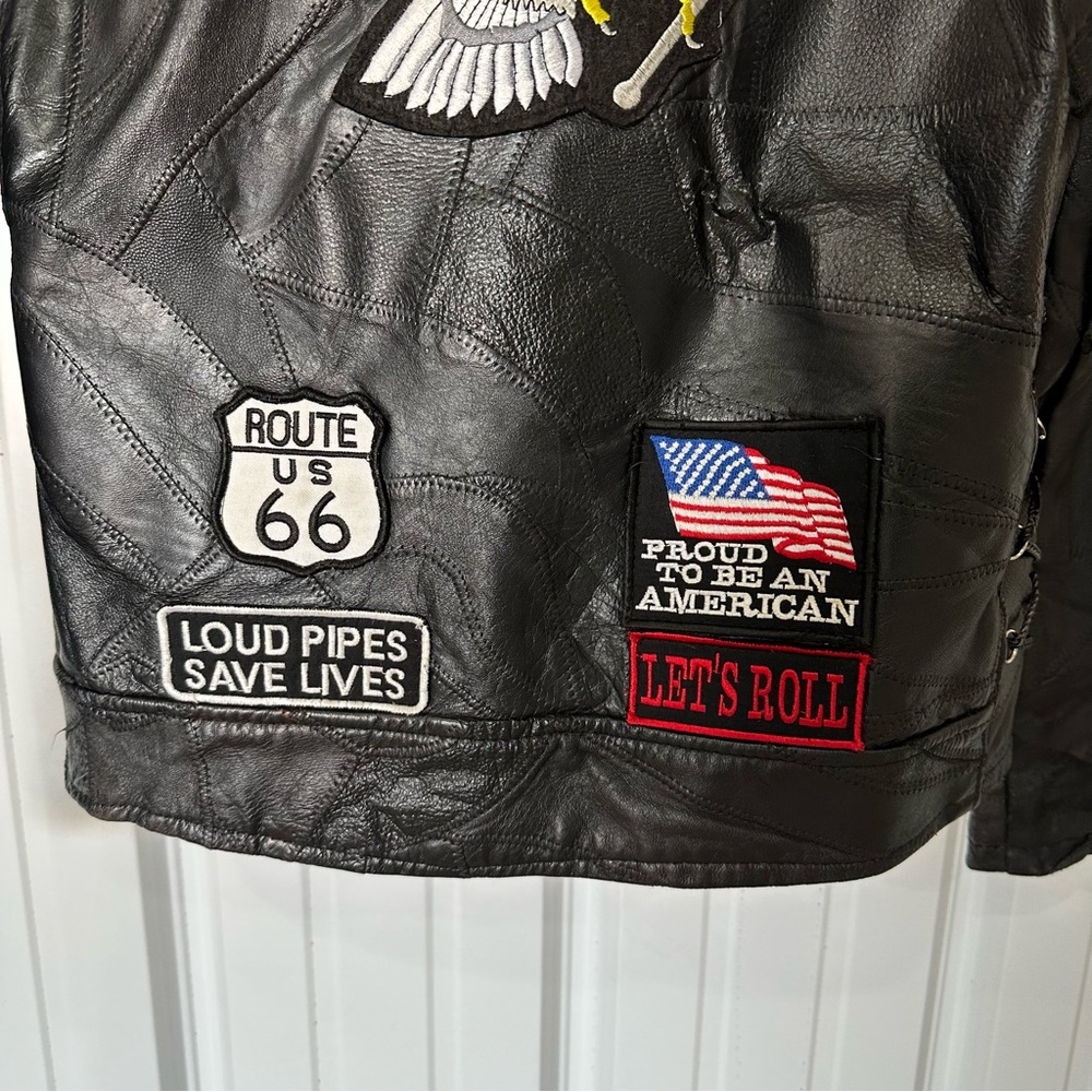 Vintage Mens Diamond Plate Buffalo Motorcycle Black Leather Patch Jacket Medium - Picture 2 of 10